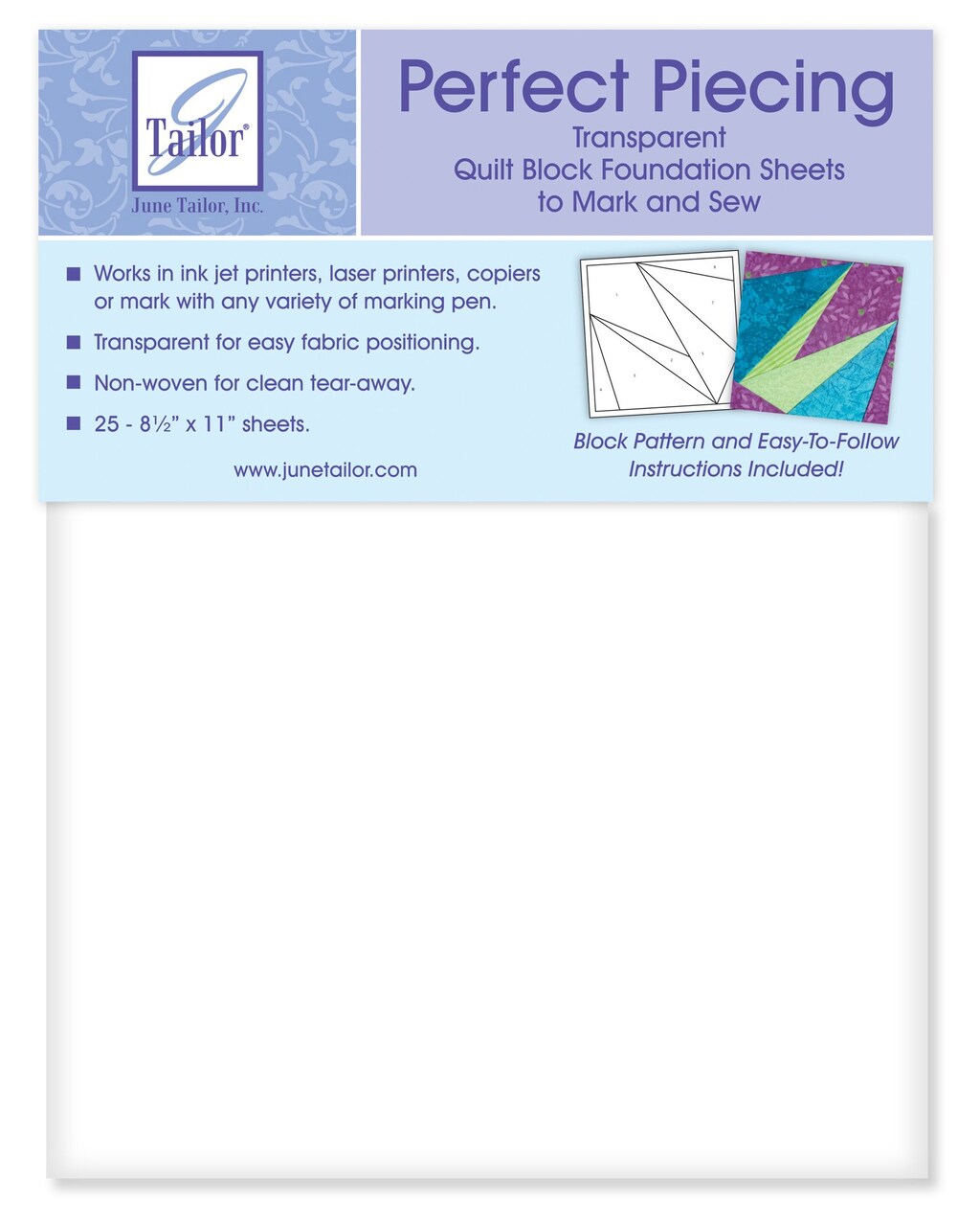June Tailor Perfect Piecing Foundation Sheets 8.5" x 11" – Printable Quilt Block Paper, Tear-Away Stabilizer, 25 Sheets